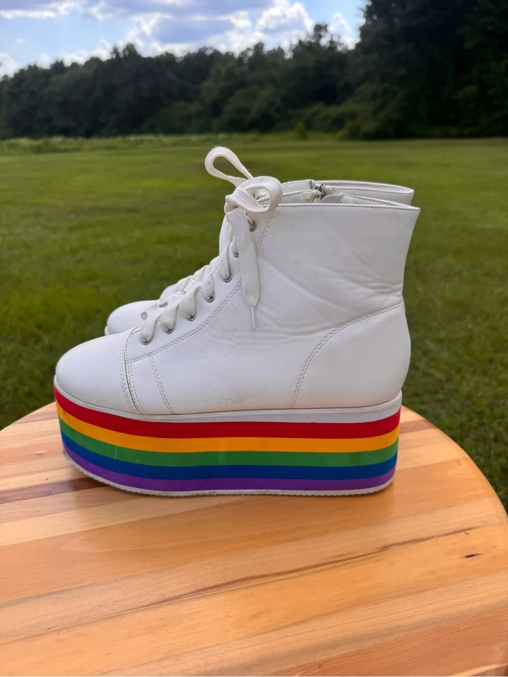 Ladies White Platform Ankle Boots with Rainbow Stripe